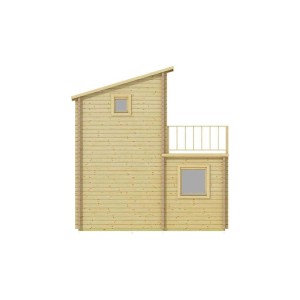 Abri de jardin Alpholz Manhattan marron clair avec toit monopente, vue latérale avec fenêtre et petit balcon.
