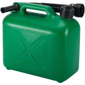Tanica verde in plastica da 5 l per benzina e diesel con beccuccio.
