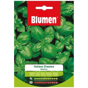 Sachet de graines de basilic Italiano Classico avec feuilles vertes.