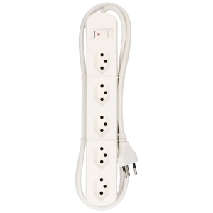 Bloc multiprise blanc Basic Line avec 5 prises horizontales de type 13 et interrupteur.
