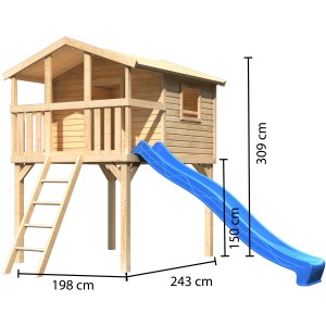 Cabane sur pilotis Karibu Benjamin en bois naturel avec toboggan bleu et échelle en bois.