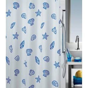 Tenda doccia Spirella Concha Marine con motivo di conchiglie e stelle marine blu, 180x200 cm.