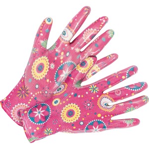 Set da 2 guanti da giardino con rivestimento parziale in nitrile, bianco-rosa con motivo floreale, taglia 8.