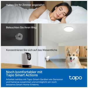 Tapo H110 Smart Hub : Scènes avec femme dormant, lumière, caméra et chien pour Smart Home.