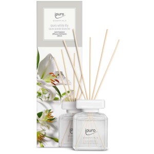 Ipuro Raumduft Essentials White Lily 200ml mit Duftstäbchen und Verpackung.