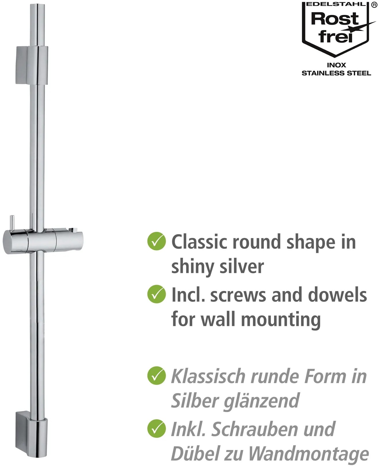 WENKO Barre De Douche Design Carrée 68 Cm Chromée - Support Douchette Coulissant Élégant En Inox