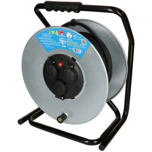 Enrouleur de câble en acier noir avec 3 prises T13 et câble de 33 m.