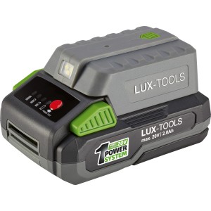 Adattatore batteria USB LUX 20 V con torcia LED per caricare dispositivi mobili. Accessorio per elettroutensili a batteria di OBI.