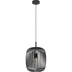 Lampada a sospensione nera Eglo Romazzina con paralume a listelli metallici, 40W. Lampada moderna per interni.