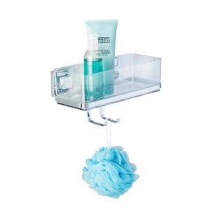 Étagère murale Wenko Quadro avec crochets : Étagère de douche en acier inoxydable avec gel douche et éponge.