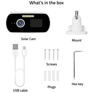 Inhalt: Hombli Solar Cam 2K, Halterung, USB-Kabel, Schrauben, Dübel, Inbusschlüssel.