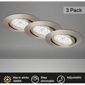 Lot de 3 spots LED encastrables Briloner en nickel mat, dimmables et orientables.
