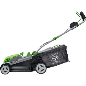 Tagliaerba a batteria LUX A-RM-2x20/43 con batteria e cesto di raccolta, ideale per giardini medi.