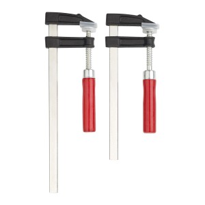 Jeu de 2 serre-joints avec poignées rouges de différentes tailles. Outils de serrage pour diverses applications.