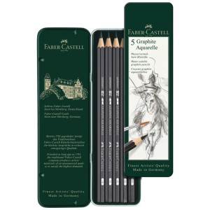 Faber-Castell Graphite Aquarelle Bleistifte, 5er-Set in Metalletui mit verschiedenen Härtegraden.