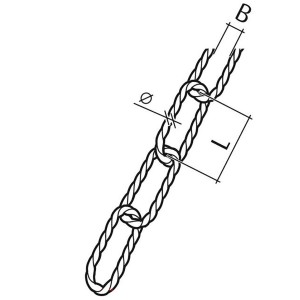 Abbildung einer gedrehten Conacord Zierkette aus Stahl, 3,5 mm x 38 mm, in Messingoptik.