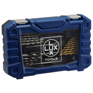 Jeu de forets et d'embouts LUX, 52 pièces dans un coffret bleu. Jeu de forets polyvalent pour les bricoleurs.