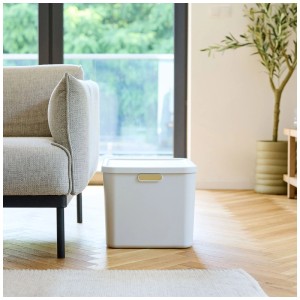 Weisse Rotho Multibox Albula 55l Aufbewahrungsbox mit Deckel und goldenem Griff, auf Holzfußboden im Wohnzimmer.