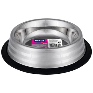 Ciotola per gatti Vitakraft in acciaio inox, 250 ml, con anello in gomma antiscivolo.