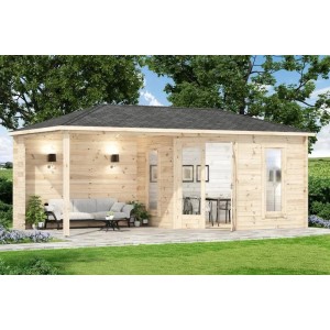 Abri de jardin Alpholz Liwa à 5 pans avec toit en croupe, non traité, 575x274 cm. Abri de jardin en bois avec terrasse et portes coulissantes en verre.