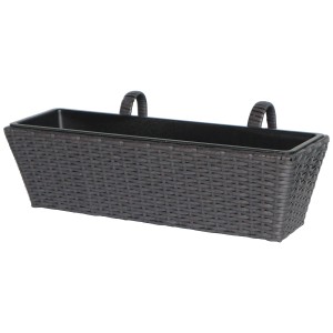 Jardinière rectangulaire en polyrotin anthracite et noir avec support.