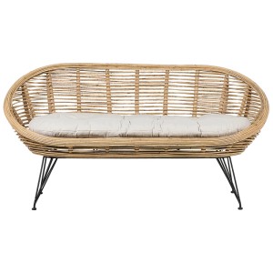 Divano da giardino Beliani Maratea, 2 posti in rattan naturale con cuscino e struttura nera.