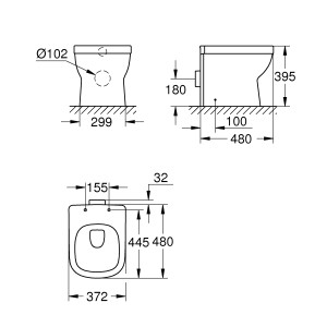 Disegno tecnico del WC a terra Grohe Euro Keramik con dimensioni per l'installazione.