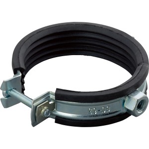 Collare di supporto insonorizzato (Ø 60-65 mm) in acciaio zincato con inserto in gomma e perno filettato.