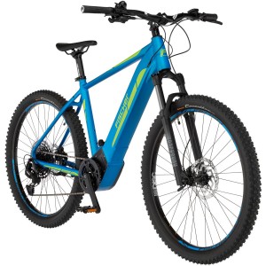 Vélo électrique bleu Fischer Montis 6.0i avec cadre diamant et moteur central Brose.