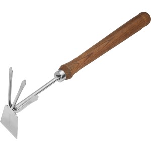 Houe double pour potager surélevé LUX Classic avec tête en acier inoxydable et manche en bois pour le travail du sol.