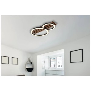 Plafonnier LED Tisha moderne aspect panneau avec deux anneaux, métal noir mat et aspect bois.
