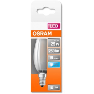 Osram LED-Leuchtmittel E14 Kerzenform, 2,5W, 250lm, 10x3,5cm in Verpackung.