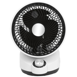 Ventilateur de table blanc avec rotor noir et bouton de réglage de la vitesse.