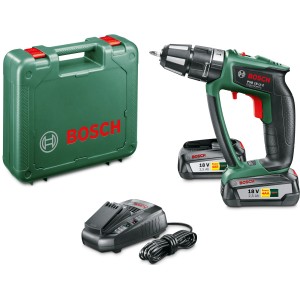 Trapano avvitatore a percussione a batteria Bosch PSB 18 Li-2 Ergonomic con batterie, caricabatterie e custodia.