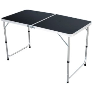 Tavolo da picnic pieghevole nero con struttura in alluminio e maniglia per campeggio e outdoor.