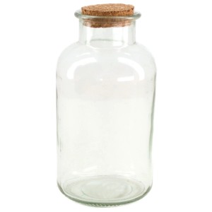 Bottiglia in vetro trasparente Orion con tappo in sughero, Ø 20,5 cm, altezza 10 cm. Vaso decorativo per fiori e rami.