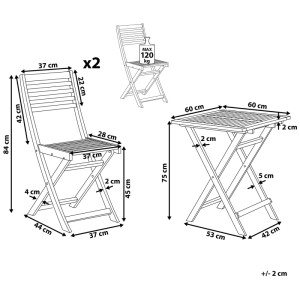 Schéma : Ensemble de meubles de balcon Beliani Fiji, bois d'acacia, blanc, avec les dimensions de la table et des chaises.