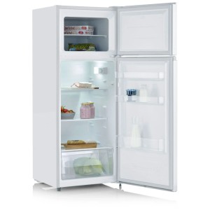 Weisser Severin Kühlschrank DT8760 mit geöffneten Türen, Innenraum mit Lebensmitteln.