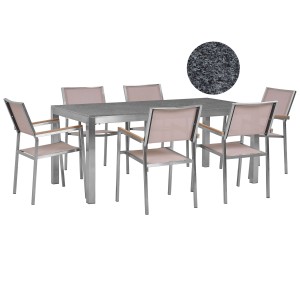 Set da giardino Beliani Grosseto con 6 sedie, granito lucido/beige. Tavolo da giardino con sedie.