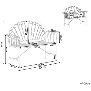 Dessin détaillé du banc de jardin Beliani Cavinia, métal rose, dimensions et capacité de charge