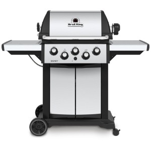 Broil King Signet 390 barbecue a gas con fornello laterale e girarrosto, vista frontale.