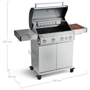 Burnhard Big Fred Deluxe Gasgrill mit 4 Brennern aus Edelstahl, mit offenem Deckel und Seitenablagen.