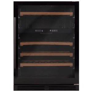 Schwarzer Kibernetik Weinklimaschrank BWS83 mit Glastür, silbernem Griff und vier Holzregalen.