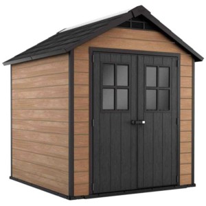 Casetta da giardino in plastica effetto legno Keter Newton 757 con doppia porta e tetto nero.