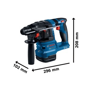 Blauer Bosch Professional Akku-Bohrhammer GBH 18V-22 mit Griff. Maße: 296x208x102mm. Kompaktes Bohrwerkzeug.