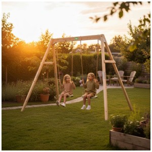 Balancoire en bois Exit Toys Silvi Duo avec deux enfants dans le jardin.