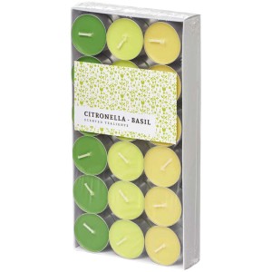 36 bougies chauffe-plat parfumées Basilic dans les tons de vert et de jaune dans un récipient en plastique transparent.