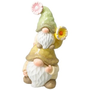 Mehrfarbiger Gartenzwerg mit Baby, 39cm, als Dekoration für Garten oder Terrasse.