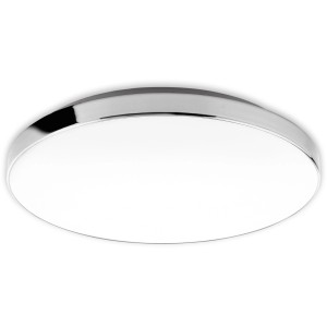 Plafoniera LED bianca Brilo Malbona, Ø 35,5 cm, con bordo cromato. Resistente agli spruzzi.