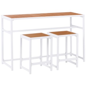 Set bar da giardino Beliani Avetrana: tavolo alto in acciaio bianco e 2 sgabelli con sedute effetto legno.